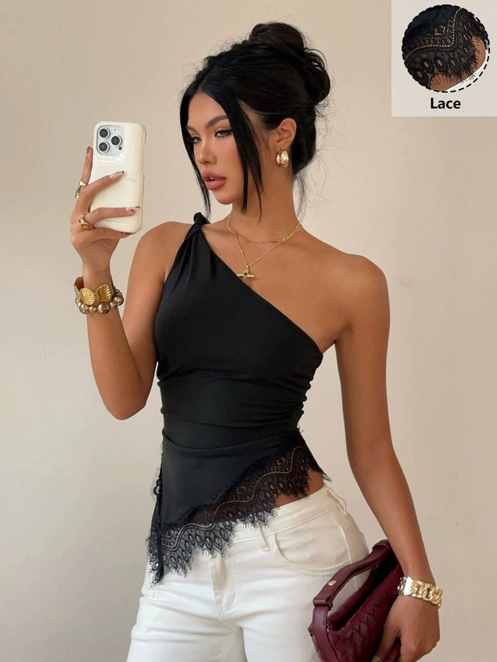 Zara Sleeveless Lace Patchwork Asymmetric Off Shoulder Fitted Top
